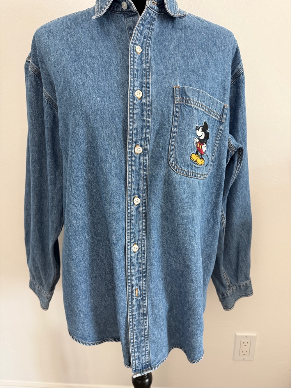 Vintage Disney Mickey Mouse denim embroidered buttondown shirt made in Hong Kong